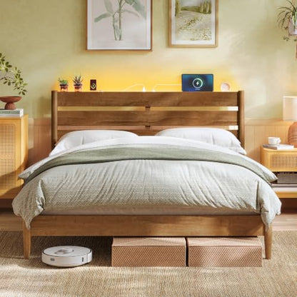 Queen Bed Frame, Wood Platform Bed with Headboard Storage Shelf