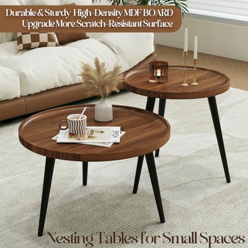 2 Pcs Small Modern Coffee Table Round,Mid Century Walnut Nesting Tables