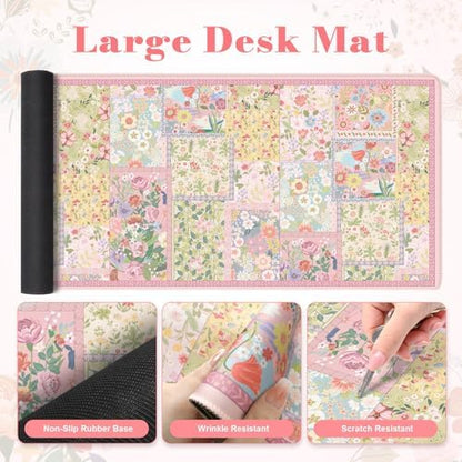 iLeadon Cute Floral Desk Mat Set, Non Slip Mouse Pad with Wrist Support