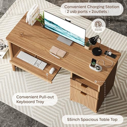 55 Inch Computer Desk with Drawers, Power Outlet, Brown Oak