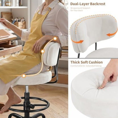 Homkdom Drafting Chair, Velvet Cream White