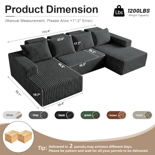 Boneless Couches for Living Room 113" - Modular Sectional Oversized Sofa