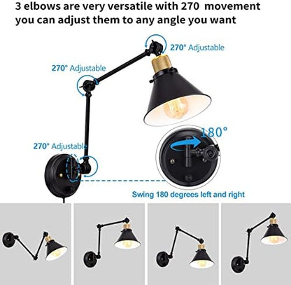 TRLIFE Plug in Wall Sconces, Dimmable Wall Sconce Swing Arm Wall Lights Plug in, Adjustable Wall Mounted Light Wall Lights with 6FT Plug in Cord, E26 Base(Two Arms, 2 Pack)