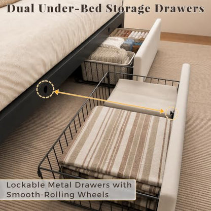 Queen Bed Frame with 2 Storage Drawers, Light Beige Velvet Upholstered