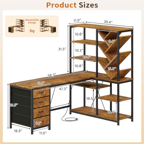 58" L Shaped Desk with Bookshelf and 3 Drawers for Home Office