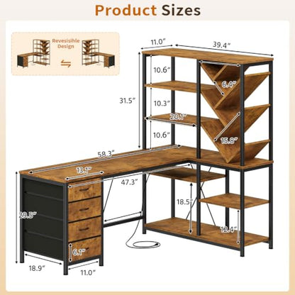 58" L Shaped Desk with Bookshelf and 3 Drawers for Home Office