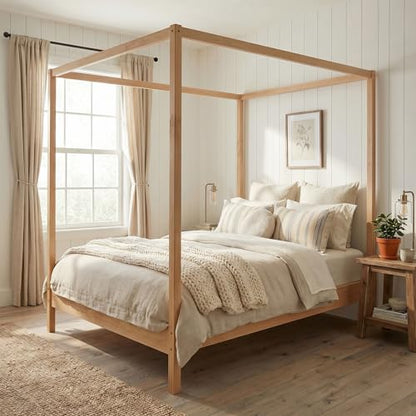 Wooden Canopy Bed with Four Posters, King Size Canopy Bed Frame & 8.3" Storage Space Under Bed, Solid Wood Slats Support, No Box Spring Needed, Easy Assembly, Natural