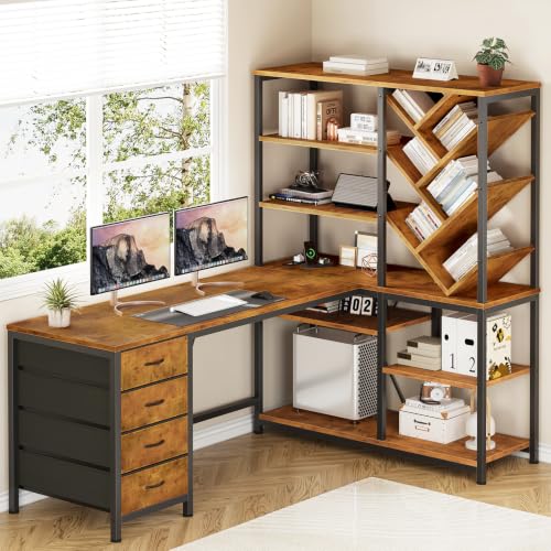 58" L Shaped Desk with Bookshelf and 3 Drawers for Home Office