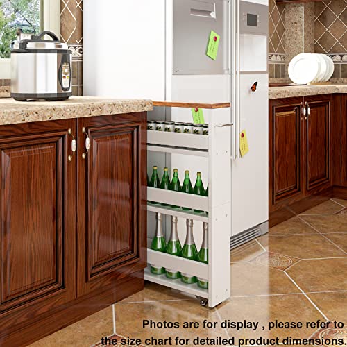 Slim Rolling Storage Cart, Wood 4-Tier Narrow Kitchen/Laundry Cart