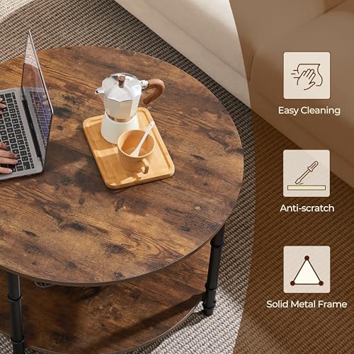 Round Coffee Table with Storage Shelf, 2-Tier 31.5" Rustic Brown