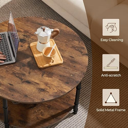 Round Coffee Table with Storage Shelf, 2-Tier 31.5" Rustic Brown