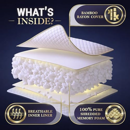 Royal Therapy Queen Memory Foam Pillow, Adjustable Shredded Odor-Free Pillow for Neck & Shoulder Pain Relief, Support for Back, Stomach, Side Sleepers, CertiPUR-US