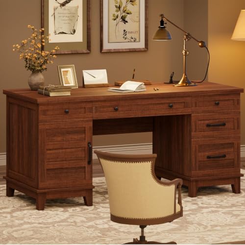 60" Farmhouse Executive Desk with File Drawers, Rustic Brown