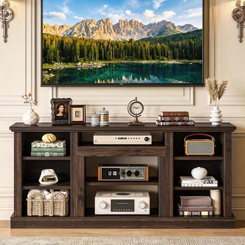 Farmhouse TV Stand with Adjustable Shelves & Open Storage, Walnut