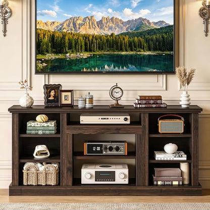 Farmhouse TV Stand with Adjustable Shelves & Open Storage, Walnut