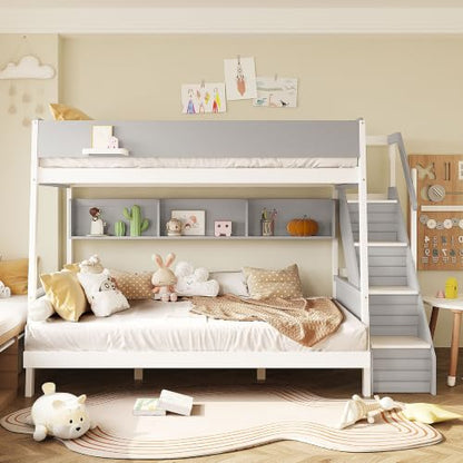 JIVOIT Twin Over Full Bunk Bed with Striped-Design Staircase, Side Shelves
