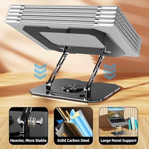 Laptop Stand for Desk - Ergonomic All Metal Alloy Computer Riser, 360° Rotating & Adjustable & Foldable, with Large Hollow Cooling, Stable Holder for MacBook, Dell, HP, Notebook(10-17"), Blk
