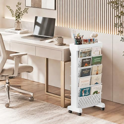 6-Tier Rolling Bookshelf Magazine Rack with Wheels White