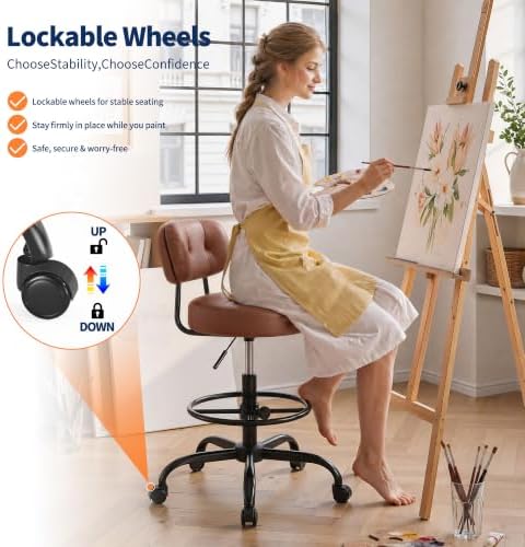 Homkdom Brown Drafting Chair, PU Leather, Dual-Layer Back, Workshop Chair