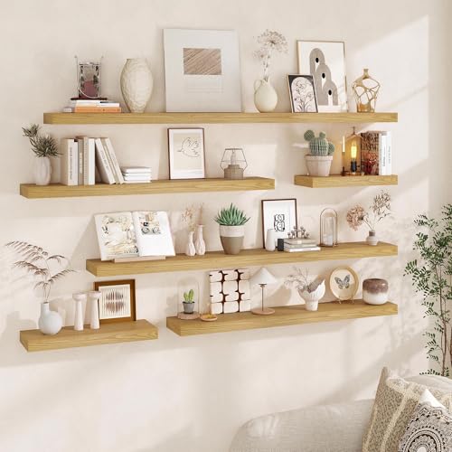 Fun Memories 60 Inch Fireplace Mantel - Long Floating Shelf, Wall Mounted Farmhouse Display with Invisible Heavy Duty Metal Bracket, Oak, 2 Pack - color: Oak, size: 60"W x 6.5"D