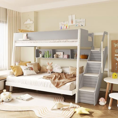 JIVOIT Twin Over Full Bunk Bed with Striped-Design Staircase, Side Shelves
