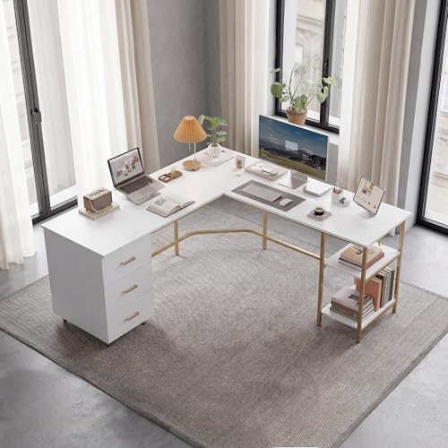 59" Two-Tone L‑Shaped Office Desk with Storage Shelves, Gold