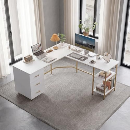 59" Two-Tone L‑Shaped Office Desk with Storage Shelves, Gold