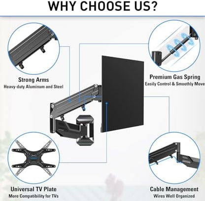 MOUNTUP Height Adjustable TV Wall Mount for 26-55 Inch TVs, Spring Arm Full Motion Articulating TV Bracket Mount with Smooth Swivel Tilt & Safe Corner Installation, 400x400mm VESA, 11-66 lbs