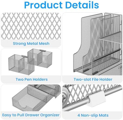 Lavatino Desk Organizer – 4-in-1 Silver Mesh Office Supplies Organizer with Pen Holder, File Holder, Desktop Tray, and Drawer for Home, Office, Classroom