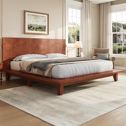 Queen Size Japanese Wooden Bed Frame with Brown Headboard