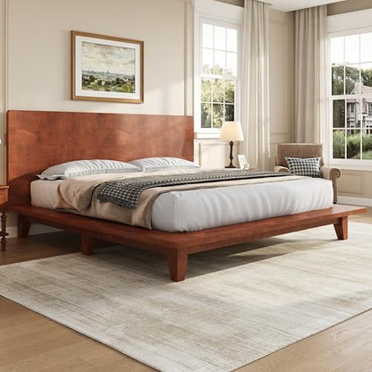 Queen Size Japanese Wooden Bed Frame with Brown Headboard