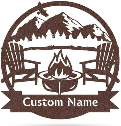 RealSteel Personalized Mountain Campfire Monogram Metal Sign – Custom Family Name Rustic Wall Art for Cabin, Campground, RV & Backyard Fire Pit – Outdoor Camping Décor – Unique Personalized Gift – USA