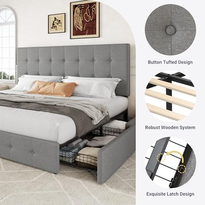 King Size Storage Bed Frame with 4 Underbed Drawers, Upholstered Platform Bed with Adjustable Headboard, Square Button Tufted, Easy Assembly, Noise-Free, No Box Spring Needed, Light Grey