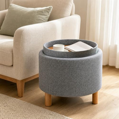 Round Storage Ottoman with Tray, Accent Storage Footstool, Gray