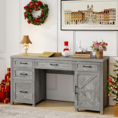 Farmhouse 61'' Executive Desk with 5 Drawers,Grey
