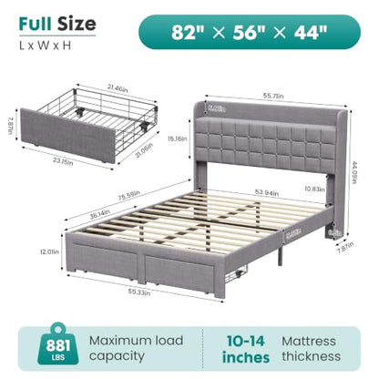 Full Bed Frame, Upholstered Platform Bed Frame with Storage Drawers