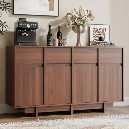 55in Walnut Buffet Cabinet, Mid Century Wood Sideboard Storage