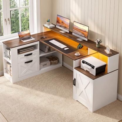 L Shaped Executive Desk with Drawers & Outlets, LED Lights