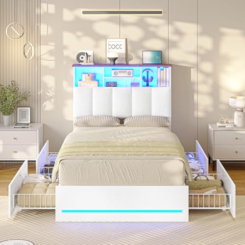 Twin Size Bed Frame with Storage Headboard & 4 Drawers, LED Lights, White