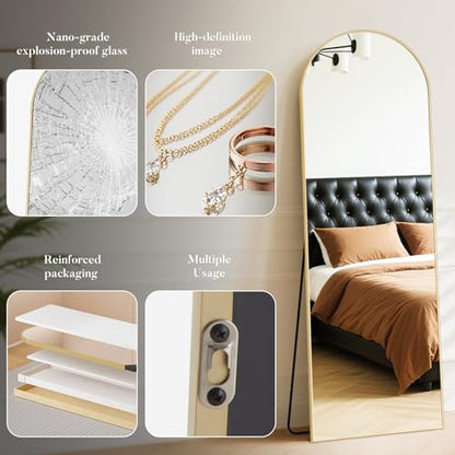 64"x21" Arched Full Length Floor Mirror, Full Body Mirror, Gold