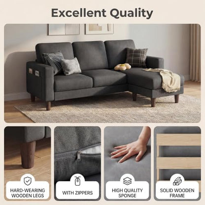 72" L Shaped Sofa Couches for Small Spaces, Apartment Charcoal Gray