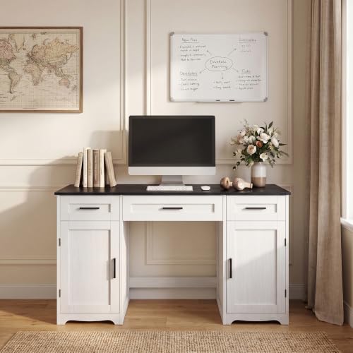 Farmhouse Executive Desk with Drawers, Wood Home Office Desk, Black