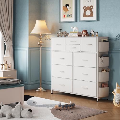 10 Drawer White Fabric Dresser for Bedroom, Side Pockets Chest