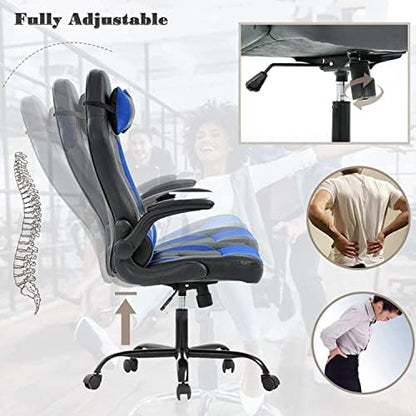 Gaming Chair Computer Desk Home Office Chairs Ergonomic PC E-Sport Video Game Chair with Lumbar Support and High Back PU Leather Recliner Chair for Gamer Student (Blue)
