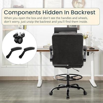 Drafting Chair 500Lbs, Tall Office Chair for Standing Desk, Fabric Executive Office Chair with Flip-up Armrests, Ergonomic High Chair with Adjustable Foot Ring, Comfy Stool Chairs, Black