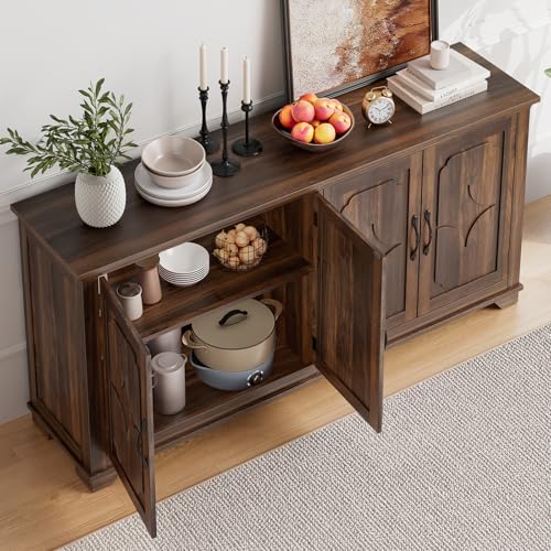 63 Inch Buffet Cabinet with Storage, 4 Carved Doors, Brown