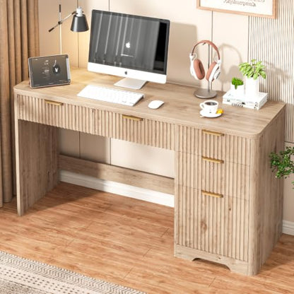 59" Fluted Executive Desk with Adjustable File Drawer, Oak