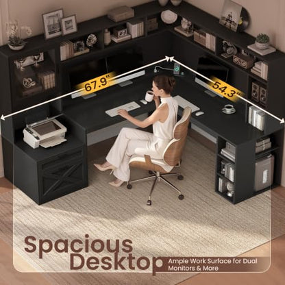 68" Farmhouse L Shaped Computer Desk with Hutch, Storage Drawers