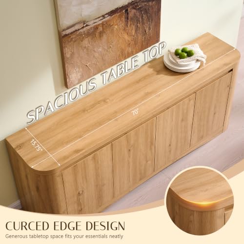 Modern Curved 70" Buffet Cabinet with 4 Storage Doors, Natural