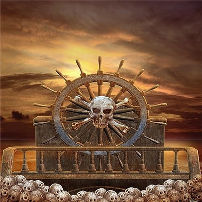 BELECO 10x10ft Fabric Pirate Backdrop Halloween Pirate Decorations Pirate Steering Wheel Scary Skulls Gloomy Sky Photography Background Kids Adult Pirate Theme Party Event Decorations Photoshoot Props - size: 10x10FT